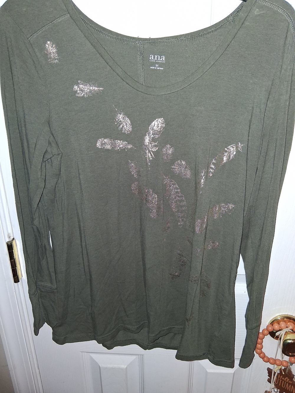 a.n.a Olive Long-Sleeve Top with Metallic Feather Detail